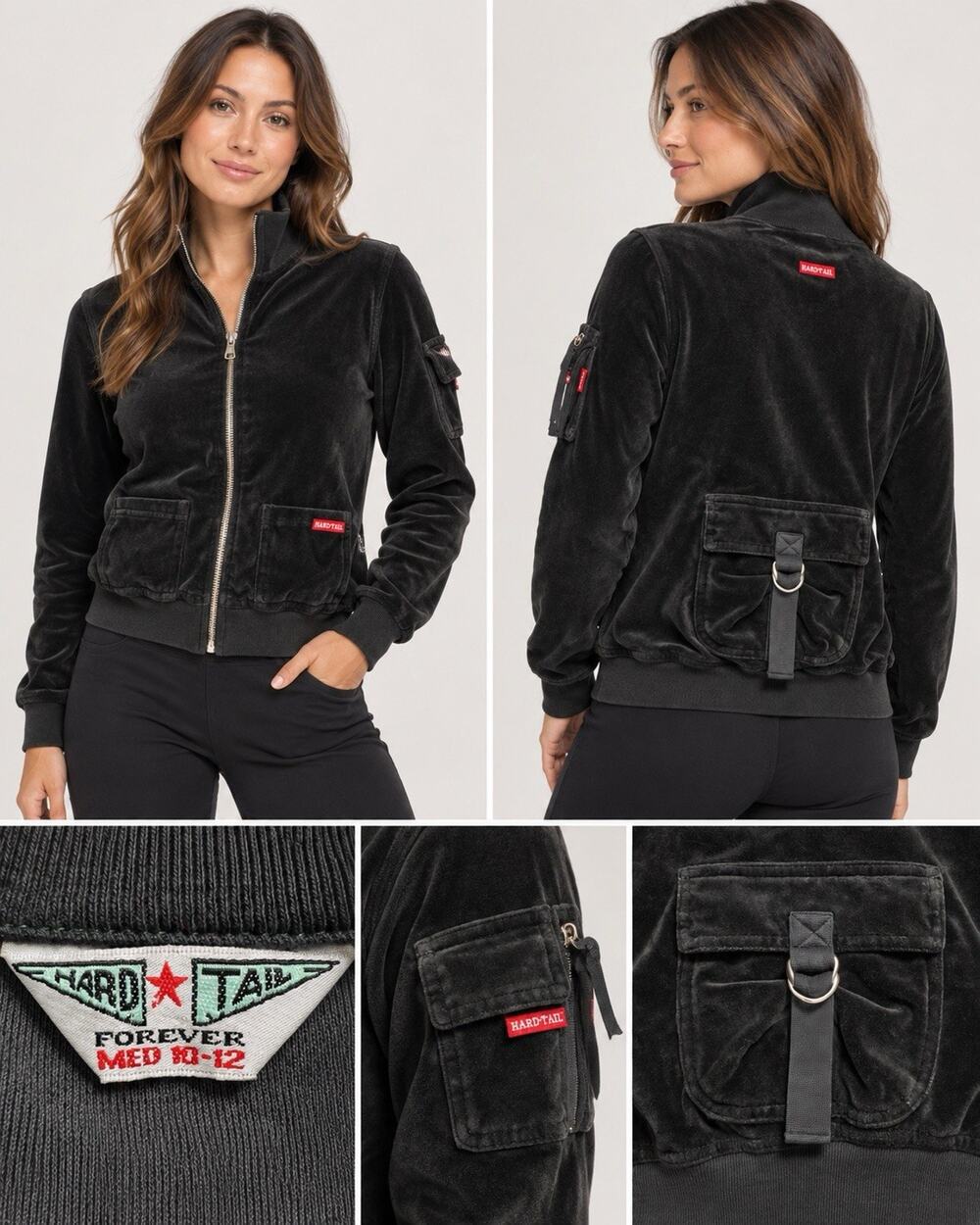 Hard Tail Forever Women’s Medium Black Velour Full Zip Jacket Cargo Pocket